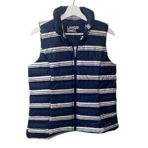 Lands' End Size Small Navy Blue White Striped 600 Fill Down Puffer Vest NWOT
